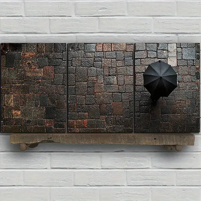 3pcs People holding red Umbrellas on Rainy Metal Print Ready to Hang Art