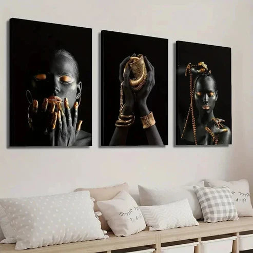 3pcs Black Woman Hands Wearing Golden Jewelry Wall Art Set Canvas Unframed - High Quality Print 100% Australian Made Wall Canvas - Bella Home Decor
