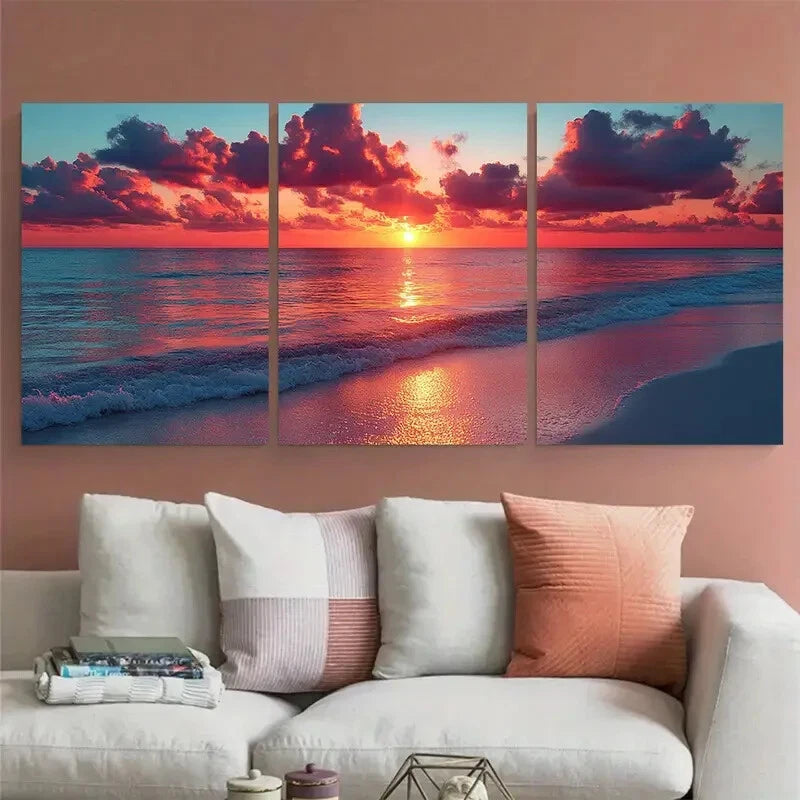 3pcs Vibrant Beach Seashore Sunset Illustration Metal Print Ready to Hang Art - Bella Home Decor