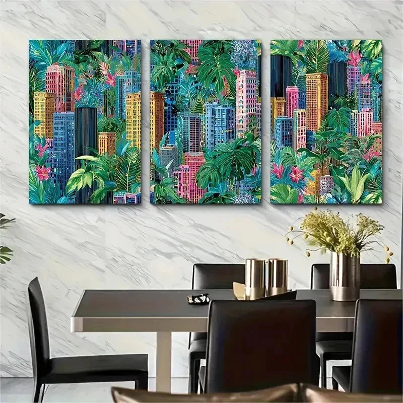 3pcs Colorful Cityscape Tropical Foliage Perfect Wall Art Set Canvas Framed 50x70cm - High Quality Print 100% Australian Made Wall Canvas Ready to Hang - Bella Home Decor
