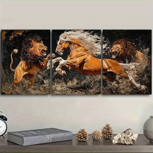 3pcs A lion attacking a horse Wall Art Set Canvas Framed 50x70cm - High Quality Print 100% Australian Made Wall Canvas Ready to Hang