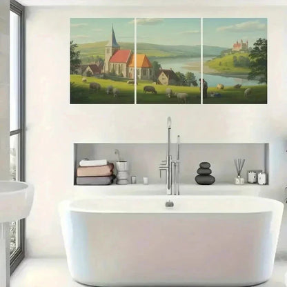 3pcs Featuring Castle, Grazing Animals  wall Art Set Canvas Framed 50x70cm - High Quality Print 100% Australian Made Wall Canvas Ready to Hang