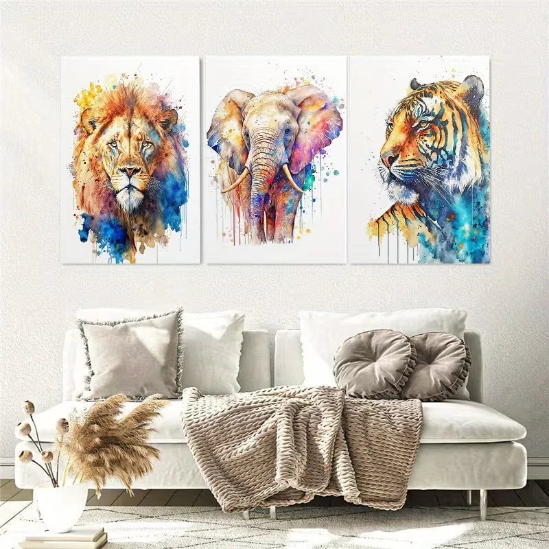 3pcs Colorful Safari Animals Watercolor Wall Art Set Canvas Framed 40x60cm - High Quality Print 100% Australian Made Wall Canvas Ready to Hang - Bella Home Decor