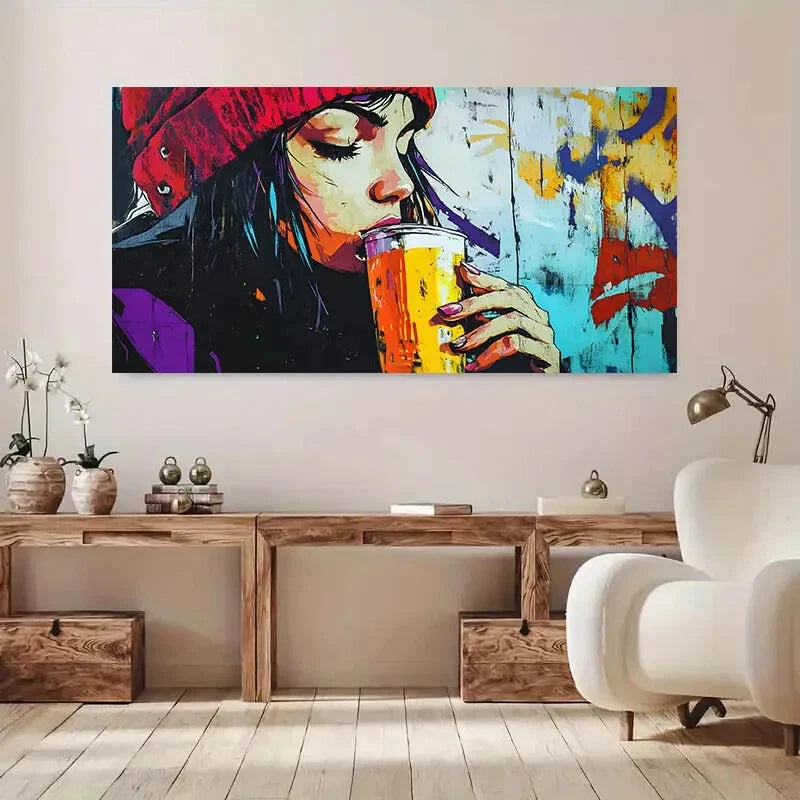 Abstract Lady with a Drink wall canvas office home room framed 120x60cm - Bella Home Decor