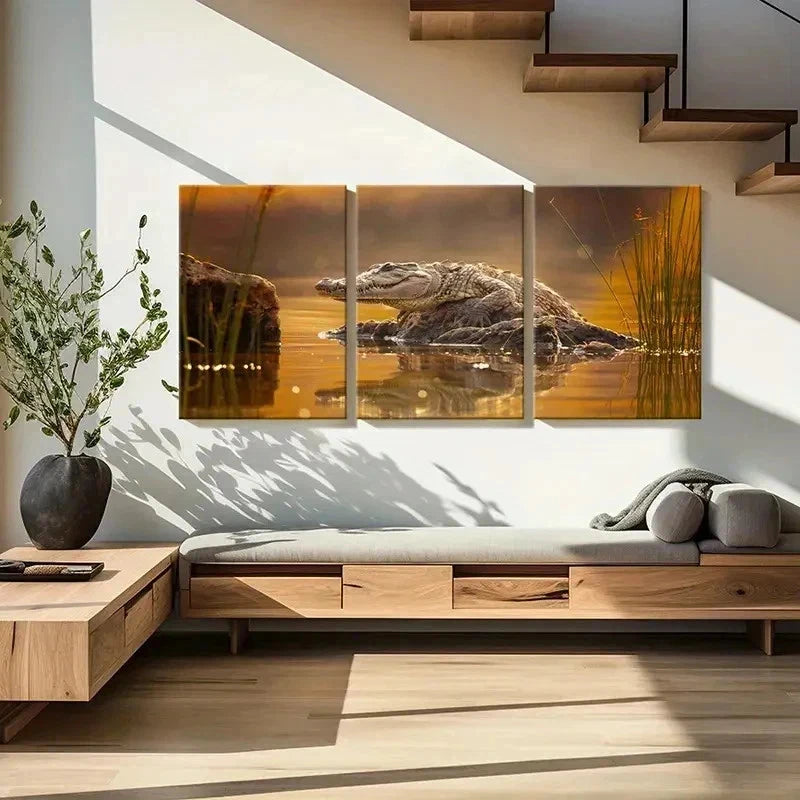 3pcs Wildlife Crocodile Modern Decoration Wall Art Set Canvas Framed 50x70cm - High Quality Print 100% Australian Made Wall Canvas Ready to Hang