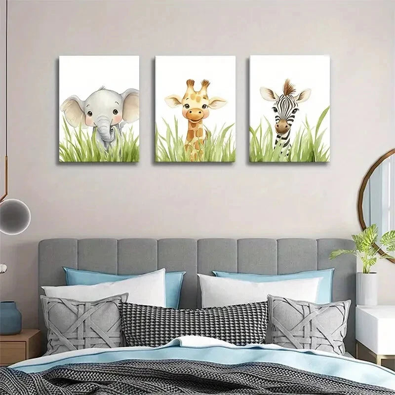 3pcs Elephant Giraffe Zebra Nursery Metal Print Ready to Hang Art - Bella Home Decor