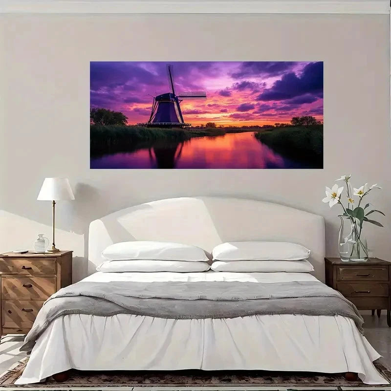 Countryside Sunset Windmill Wall Art Canvas Office Home Room Framed 120x60cm