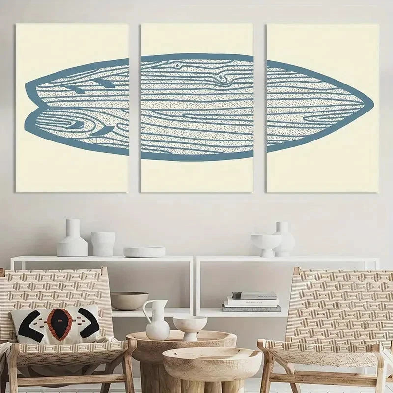 3pcs Blue Watercolor Line Surfboard Painting Metal Print Ready to Hang Art - Bella Home Decor