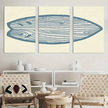 3pcs Blue Watercolor Line Surfboard Painting Metal Print Ready to Hang Art - Bella Home Decor