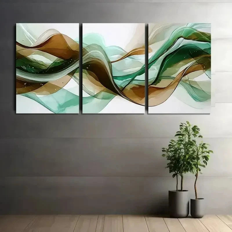 3pcs Abstract Flowing Wave of Green and Brown Metal Print Ready to Hang Art - Bella Home Decor
