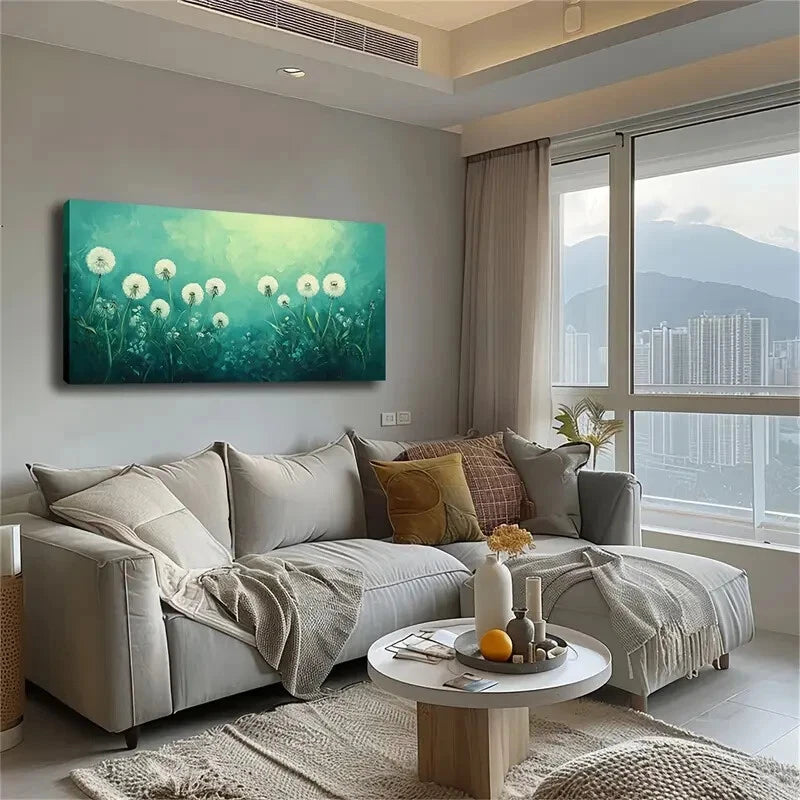 The White Dandelion Green Wall Art Canvas Office Home Room Framed 120x60cm - Bella Home Decor