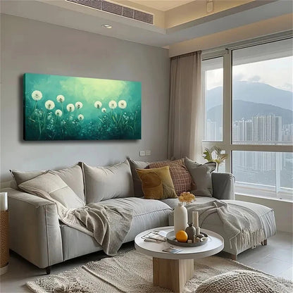 The White Dandelion Green Wall Art Canvas Office Home Room Framed 120x60cm - Bella Home Decor