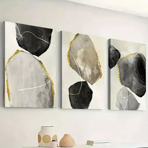 3pcs Featuring Abstract Modern Stone Gold Black Wall Art Canvas Unframed - High Quality Print 100% Australian Made Wall Canvas