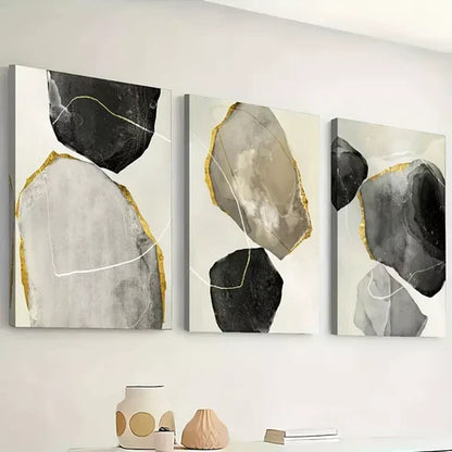 3pcs Featuring Abstract Modern Stone Gold Black Wall Art Canvas Unframed - High Quality Print 100% Australian Made Wall Canvas