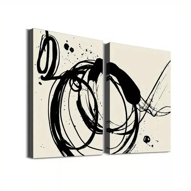 2 Piece Abstract Black Ink Art Framed 50x75cm - High Quality Print 100% Australian Made Wall Canvas Ready to Hang