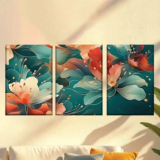3pcs a bunch of flowers on a blue background Wall Art Set Canvas Framed 60x90cm - High Quality Print 100% Australian Made Wall Canvas Ready to Hang