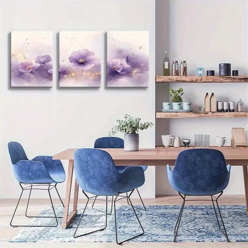 3pcs Watercolor Flower Prints with Golden Accents Metal Print Ready to Hang Art