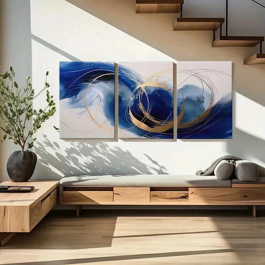 3pcs Abstract Art Golden Lines Blue Waves Wall Art Set Canvas Framed 40x60cm - High Quality Print 100% Australian Made Wall Canvas Ready to Hang
