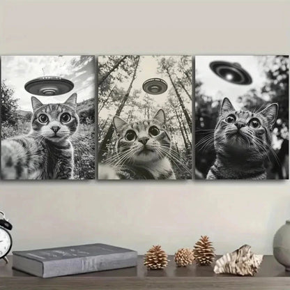 3pcs Cat Capturing a Selfie with a UFO Wall Art Set Canvas Framed 40x60cm - High Quality Print 100% Australian Made Wall Canvas Ready to Hang - Bella Home Decor