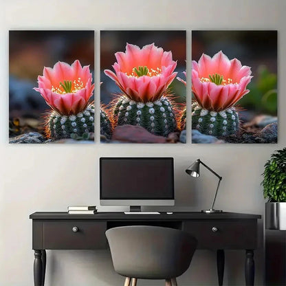 3pcs Small Pink Flowers in Wild Cactus Photography Metal Print Ready to Hang Art