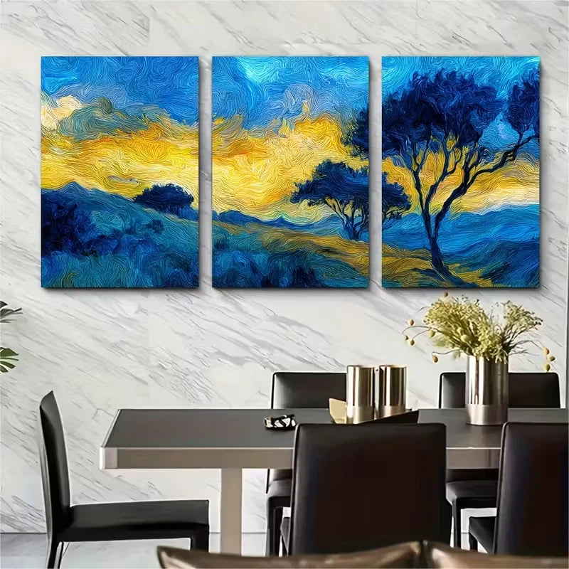 3pcs Blue & Yellow Oil Painting Landscapes Metal Print Ready to Hang Art - Bella Home Decor