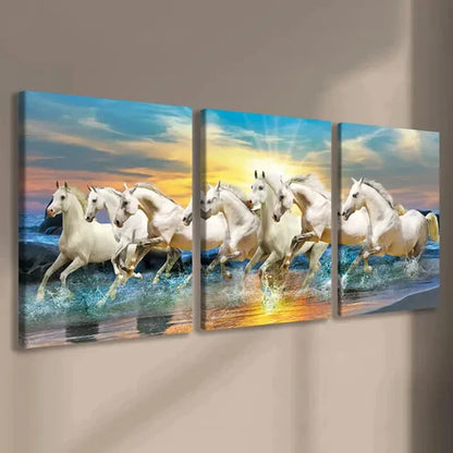 3pcs White Horses Seaside Sunset Running Horses Wall Art Set Canvas Unframed - High Quality Print 100% Australian Made Wall Canvas