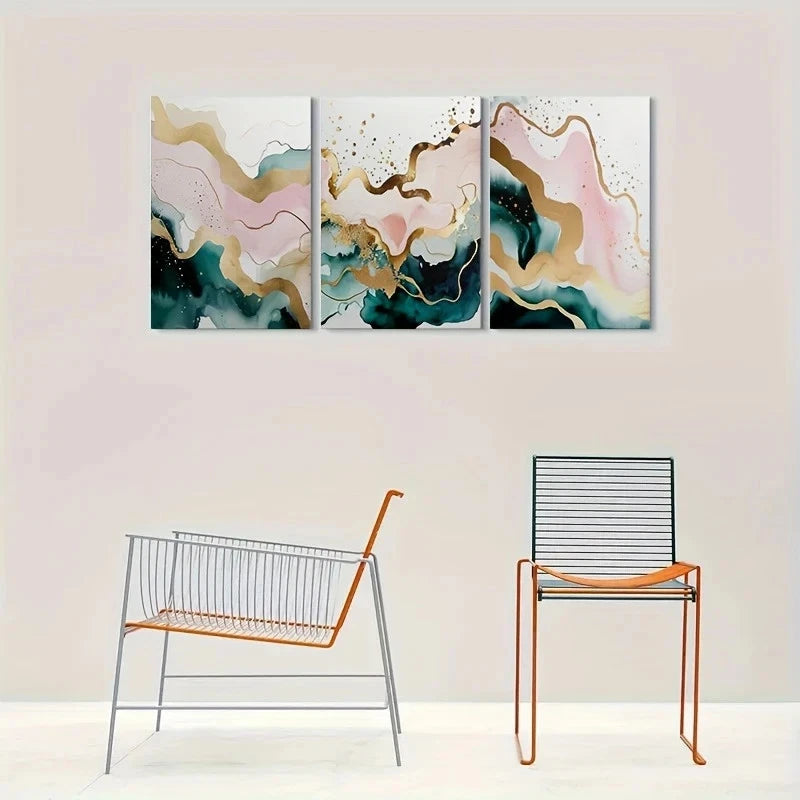 3pcs Abstract Watercolor Golden Accents Metal Print Ready to Hang Art - Bella Home Decor