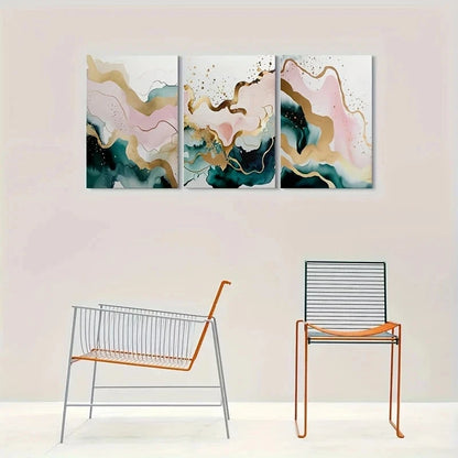 3pcs Abstract Watercolor Golden Accents Metal Print Ready to Hang Art - Bella Home Decor