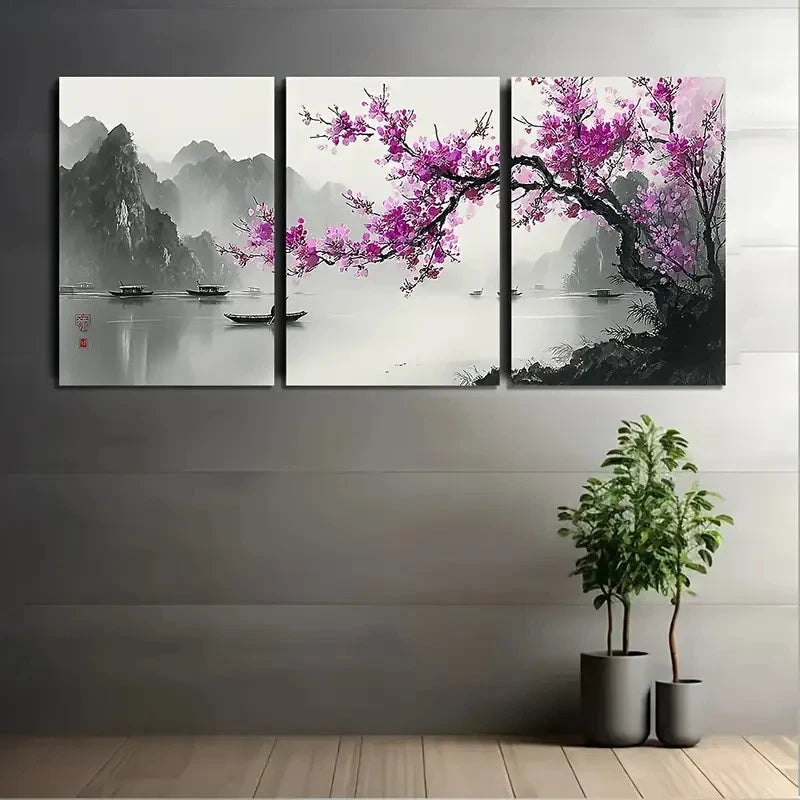 3pcs Purple Plum Blossoms In Full Bloom  Wall Art Set Canvas Framed 60x90cm - High Quality Print 100% Australian Made Wall Canvas Ready to Hang