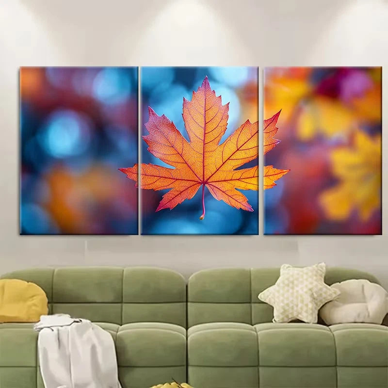 3pcs Vibrant Autumn Maple Leaf Metal Print Ready to Hang Art - Bella Home Decor
