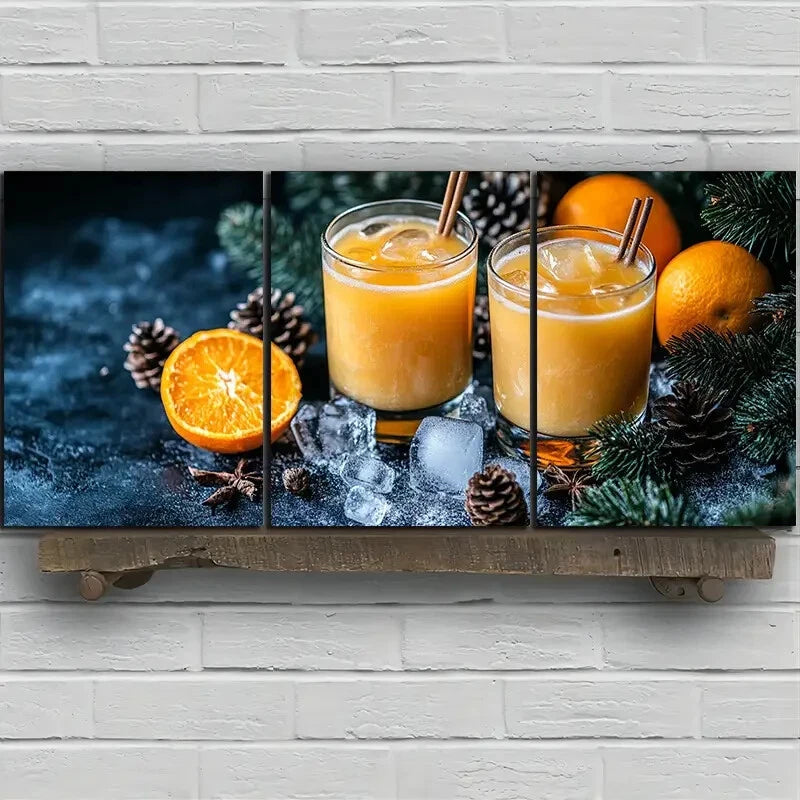 3pcs Pinecone And Orange Juice Fruits Metal Print Ready to Hang Art - Bella Home Decor