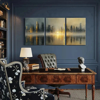 3pcs Cityscape Reflection Urban Skyline Futurist Metal Print Ready to Hang Art - Bella Home Decor