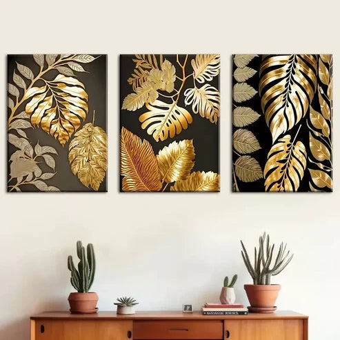 3pcs light luxury Golden leaves and flowers Wall Art Canvas Unframed - High Quality Print 100% Australian Made Wall Canvas