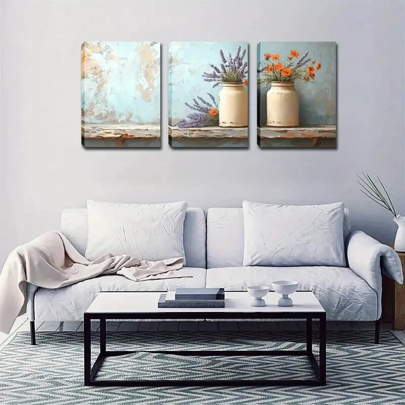 3pcs White Pots Lavender & Orange Flower Perfect Wall Art Set Canvas Framed 40x60cm - High Quality Print 100% Australian Made Wall Canvas Ready to Hang - Bella Home Decor