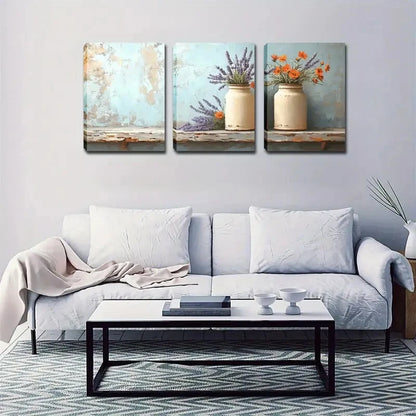 3pcs White Pots Lavender & Orange Flower Perfect Wall Art Set Canvas Framed 40x60cm - High Quality Print 100% Australian Made Wall Canvas Ready to Hang - Bella Home Decor