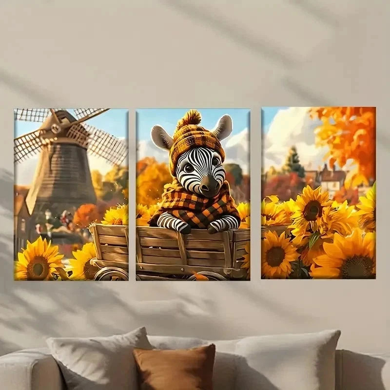 3pcs Zebra in a Wagon with Sunflowers Wall Art Set Canvas Framed 50x70cm - High Quality Print 100% Australian Made Wall Canvas Ready to Hang