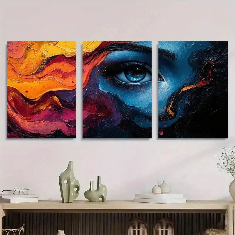3pcs Abstract Vibrant Swirl Golden Blue and Purple Metal Print Ready to Hang Art - Bella Home Decor