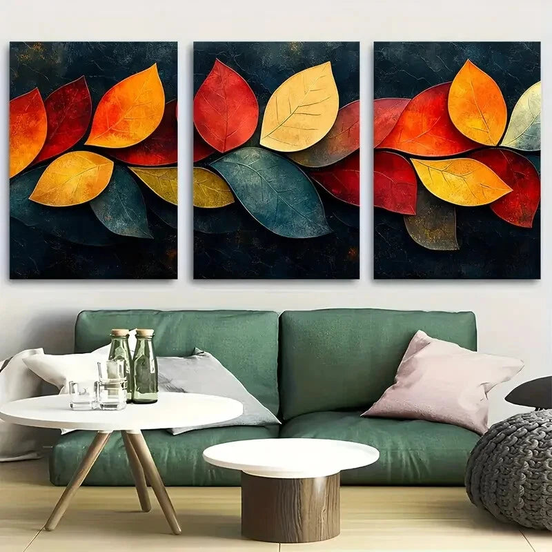 3pcs Vibrant Autumn Leaf Abstract Metal Print Ready to Hang Art - Bella Home Decor