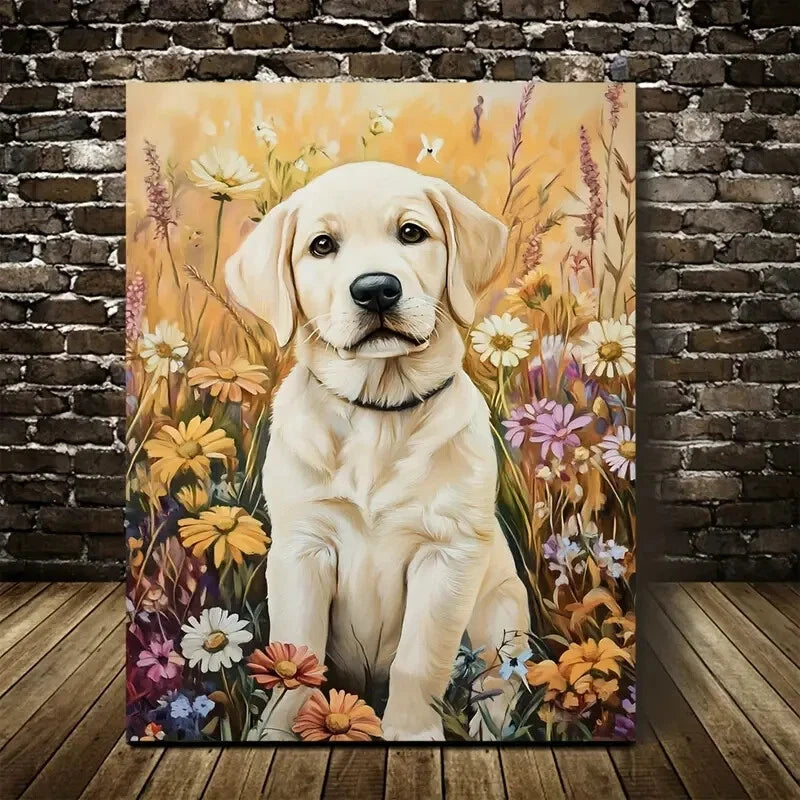 Adorable Labrador Puppy with Vibrant Wild Painting 40x60cm Metal Print Ready to Hang - Bella Home Decor