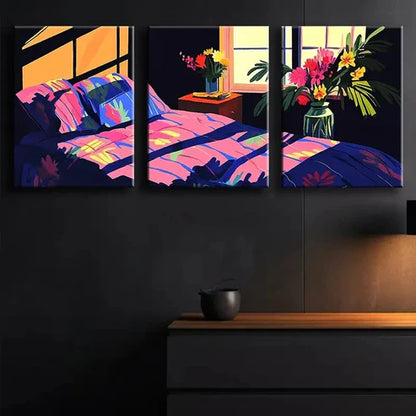 3pcs Illustration of Bedroom with Window Perfect Wall Art Set Canvas Unframed - High Quality Print 100% Australian Made Wall Canvas
