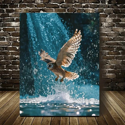 Stunning Owl Splashing in Waterfall Scene Painting 40x60cm Metal Print Ready to Hang - Bella Home Decor