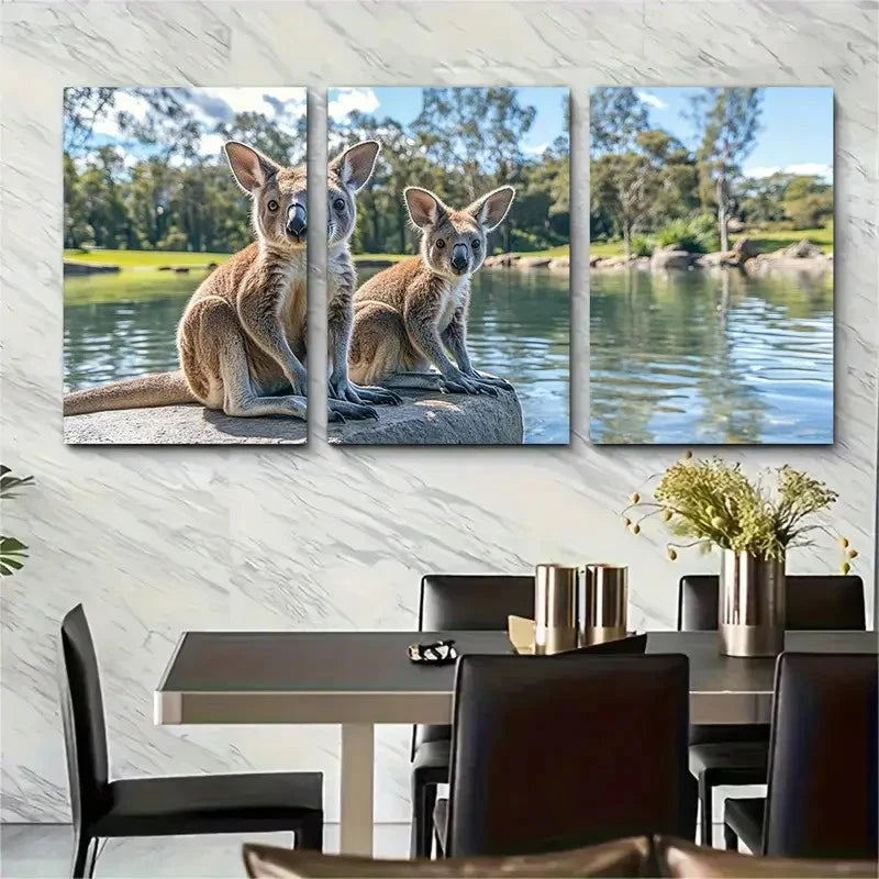 3pcs Hunter Valley Kangaroos by the Lake   Wall Art Set Canvas Framed 40x60cm - High Quality Print 100% Australian Made Wall Canvas Ready to Hang
