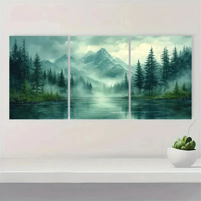 3pcs Mount Rainier Painting Foggy Forest Metal Print Ready to Hang Art