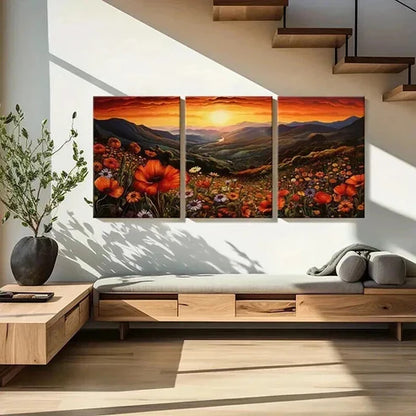 3pcs Vibrant Sunset Mountain Flower & River Wall Art Set Canvas Unframed - High Quality Print 100% Australian Made Wall Canvas