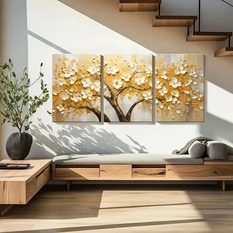 3pcs Abstract Golden Leaf White Flowers Wall Art Set Canvas Framed 40x60cm - High Quality Print 100% Australian Made Wall Canvas Ready to Hang - Bella Home Decor