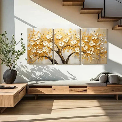 3pcs Abstract Golden Leaf White Flowers Wall Art Set Canvas Framed 40x60cm - High Quality Print 100% Australian Made Wall Canvas Ready to Hang - Bella Home Decor
