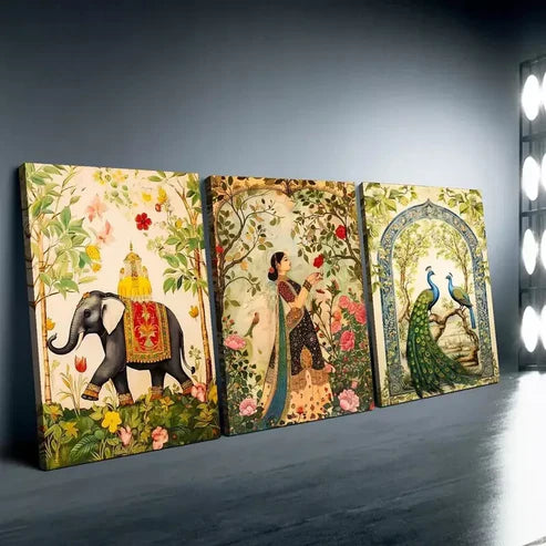 3pcs Woman in Garden, Peacock & Elephant Wall Art Canvas Unframed - High Quality Print 100% Australian Made Wall Canvas