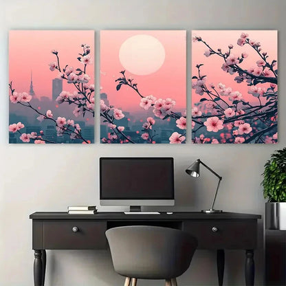 3pcs Japanese Tokyo Floral Illustration Wall Art Set Canvas Framed 60x90cm - High Quality Print 100% Australian Made Wall Canvas Ready to Hang