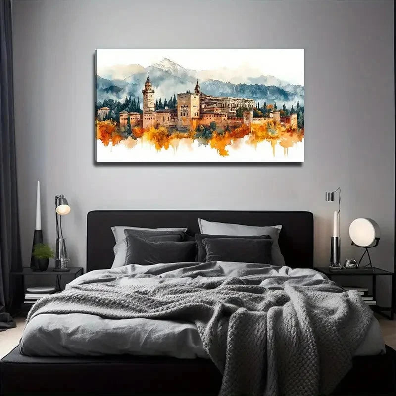 Castle Under The Mountain Lands Wall Art Canvas Office Home Room Framed 120x60cm