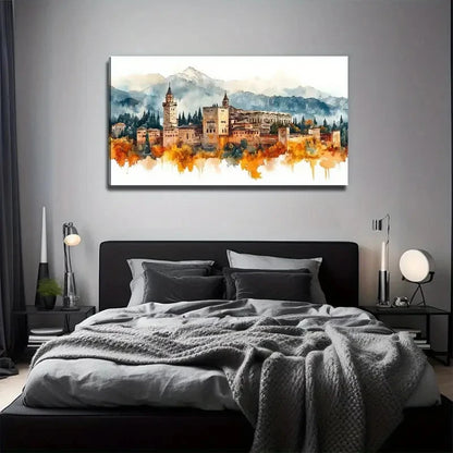 Castle Under The Mountain Lands Wall Art Canvas Office Home Room Framed 120x60cm
